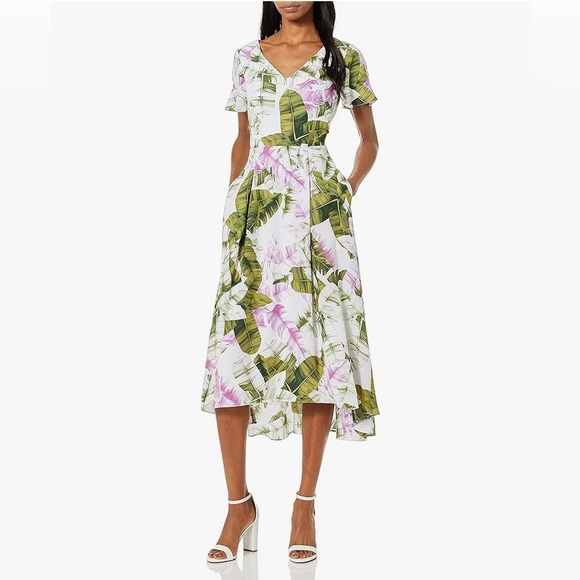 Tahari By Arthur S Levine Floral High Low Midi Dress Sz 12 Pleated Side Pockets - Picture 1 of 16